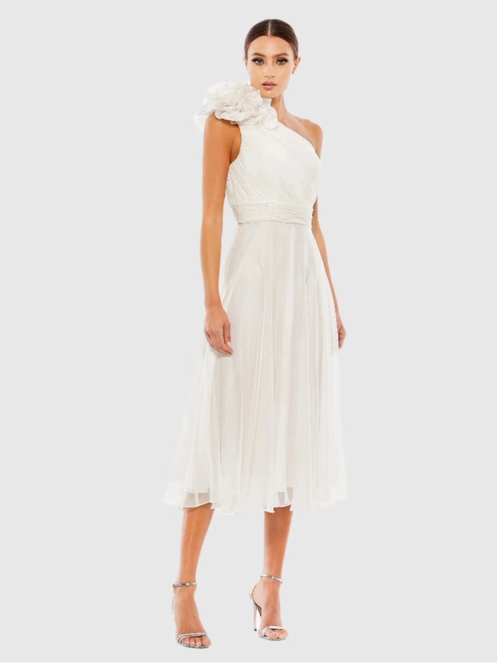 Mac Duggal 49491 Rosette One Shoulder Tea Length Dress Metallic White NWOT Sz 12